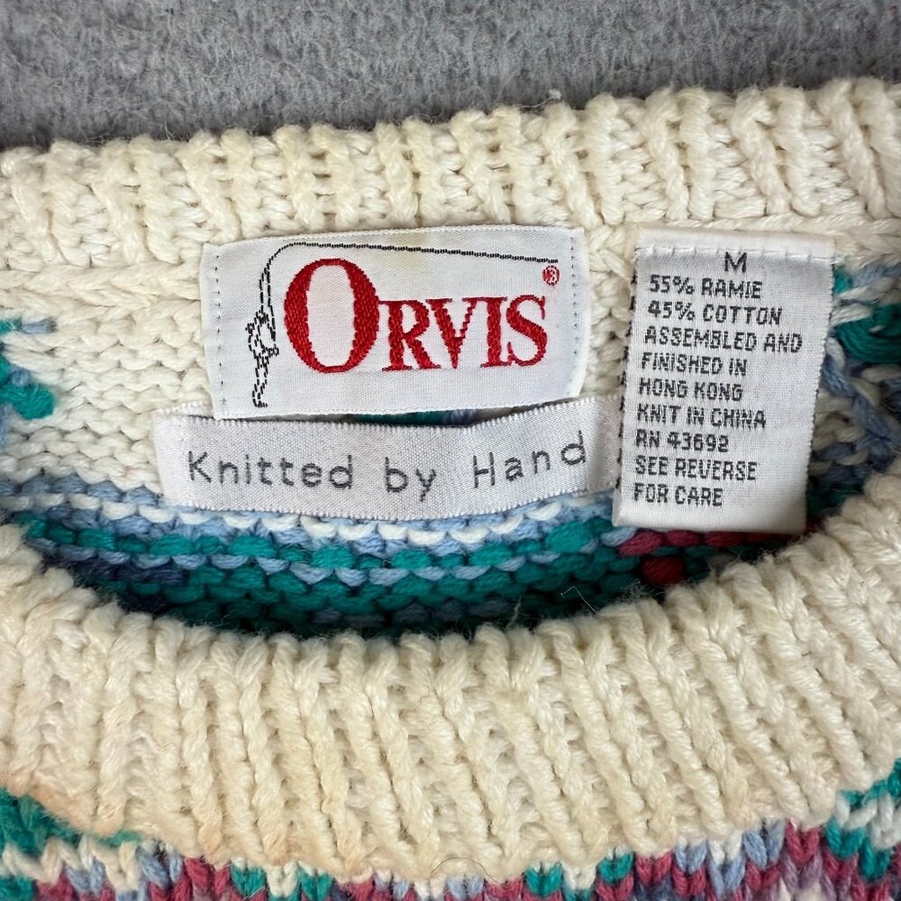 Orvis Sweater Mens Medium Cream Multicolor Geometric Aztec Crewneck Hand Knitted - Picture 6 of 9